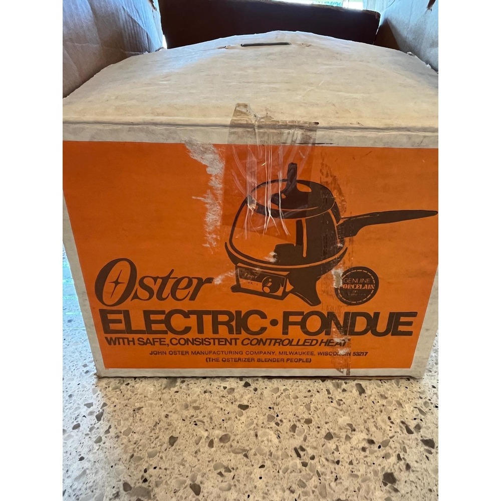 Vintage Oster Electric Fondue Pot Avocado Green Porcelain Teflon II 6 Forks Box